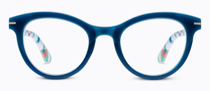 Peepers Daphne: blue rounded eyeglass frames, multicolor geometric arms in white, blue, orange. Sizes: narrow, average.