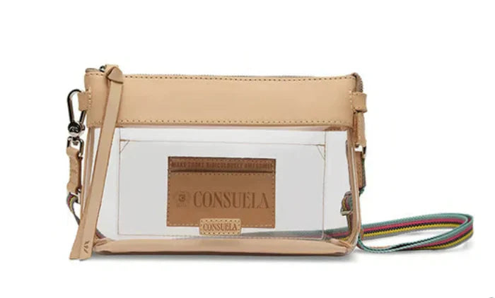 Compact clear purse with beige leather trim, front leather logo patch, zippered top closure, rainbow-striped wrist strap. Sizes available: small, medium.