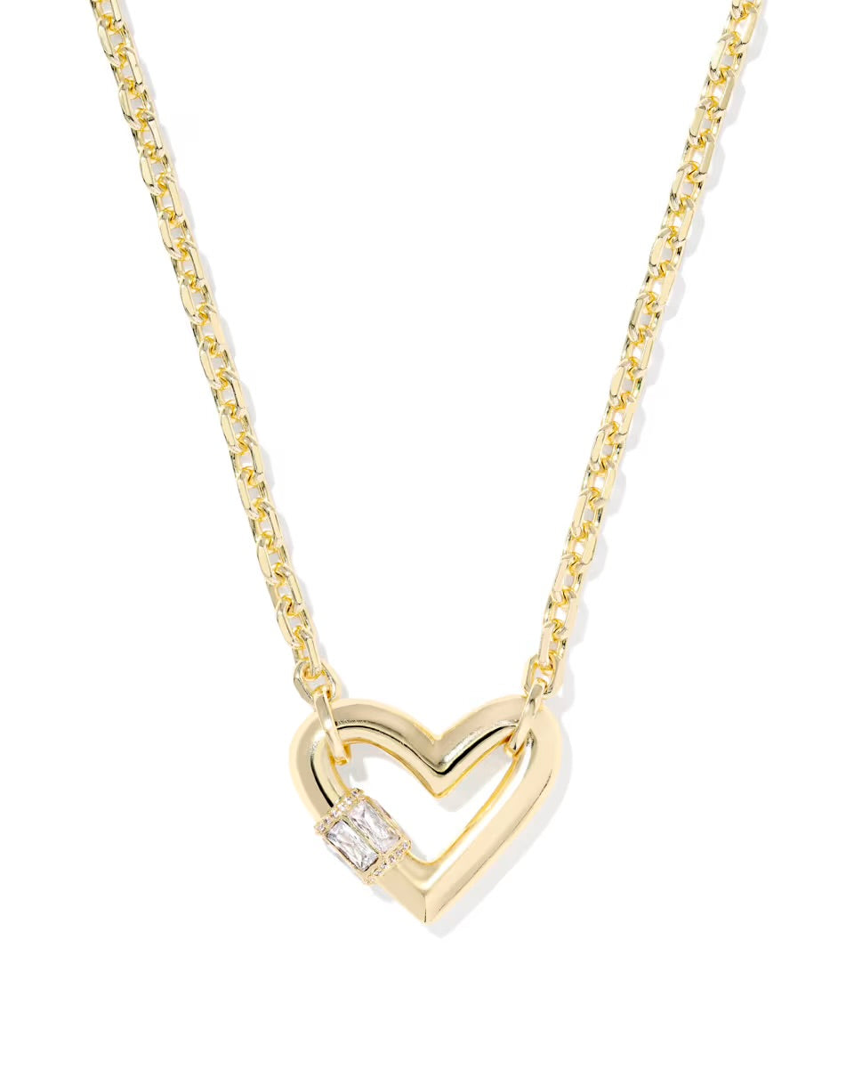 Gold chain necklace with heart pendant and small rectangular crystal accent; available in 16", 18", and 20" lengths.