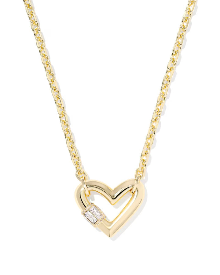 Gold chain necklace with heart pendant and small rectangular crystal accent; available in 16", 18", and 20" lengths.