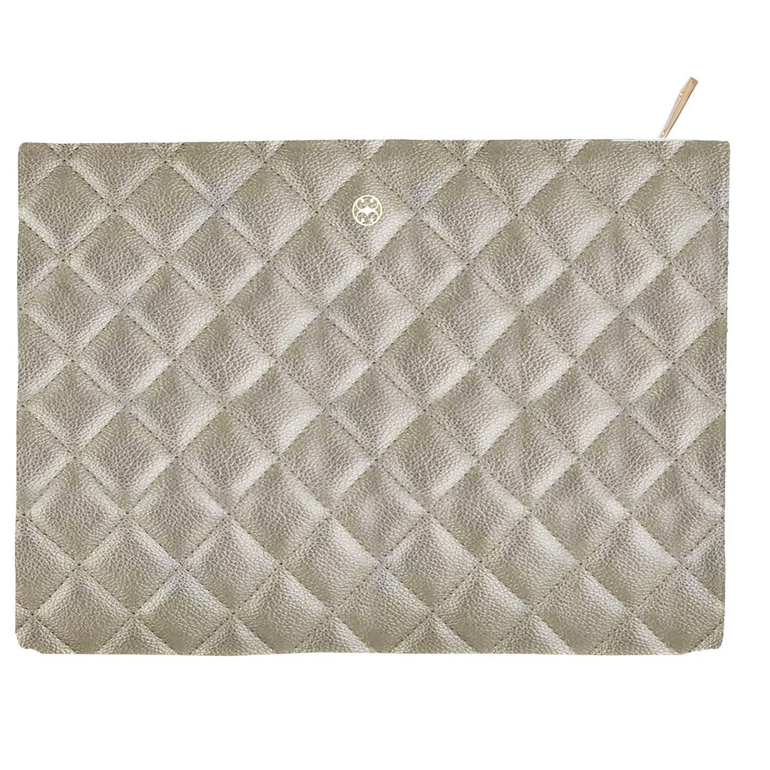Rectangular quilted wallet in metallic gold with diamond pattern, top-right zipper, round gold emblem; available in one size.