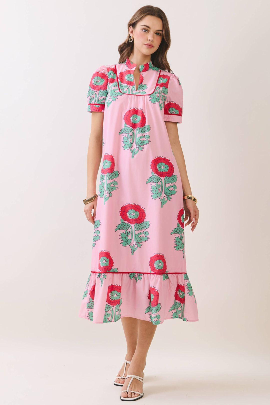 Pink Floral Print Mandarin Collar Midi Dress with red and green blooms, ruffled hem. Available in sizes XS–XL.