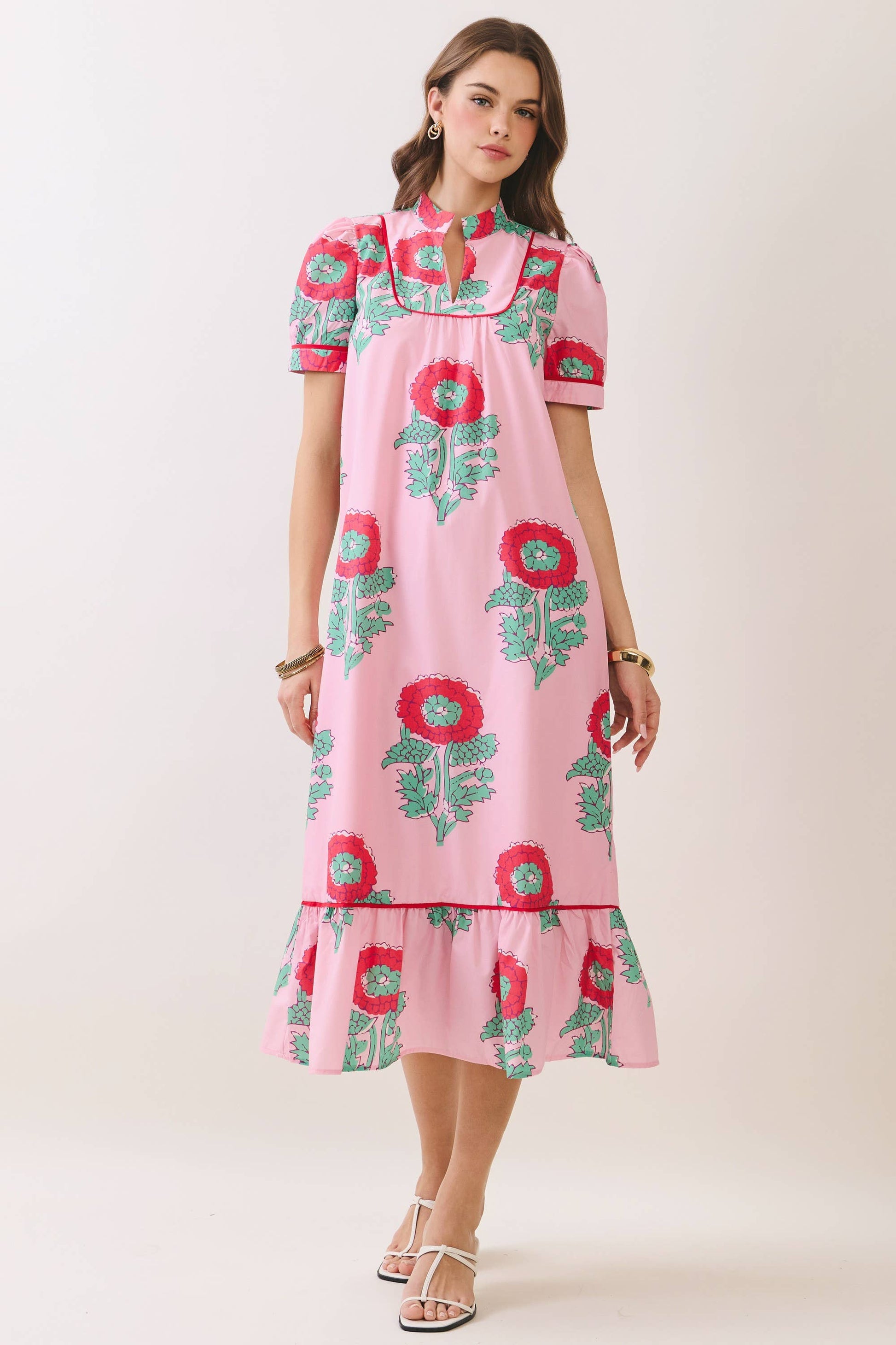 Pink Floral Print Mandarin Collar Midi Dress with red and green blooms, ruffled hem. Available in sizes XS–XL.