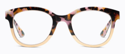 The Peepers - Georgia eyeglasses offer soft square frames in a pink, black, and brown tortoiseshell pattern with metallic details and a lighter translucent finish at the bottom. Available in sizes: Small, Medium, Large.