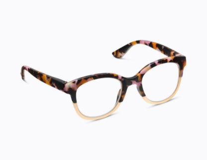 Peepers - Georgia tortoiseshell glasses feature soft square frames with earthy pink, brown, and black hues and transparent lenses. Sizes available: Medium.