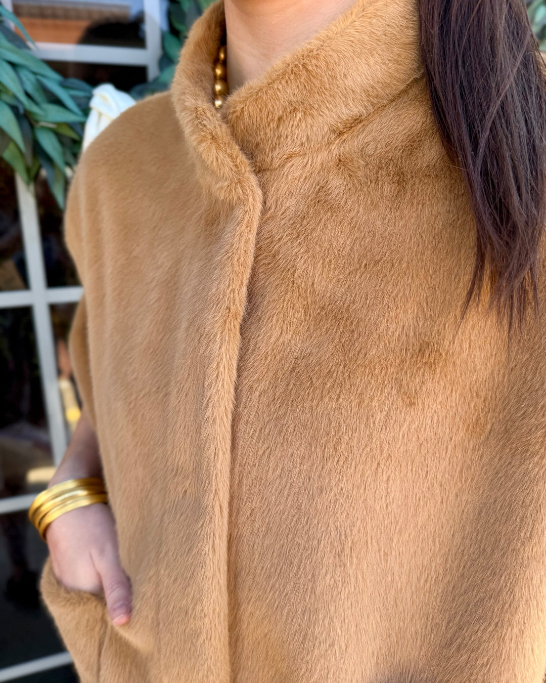 Camel Arabella Faux Fur Capelet, high collar, side pockets. Sizes available.