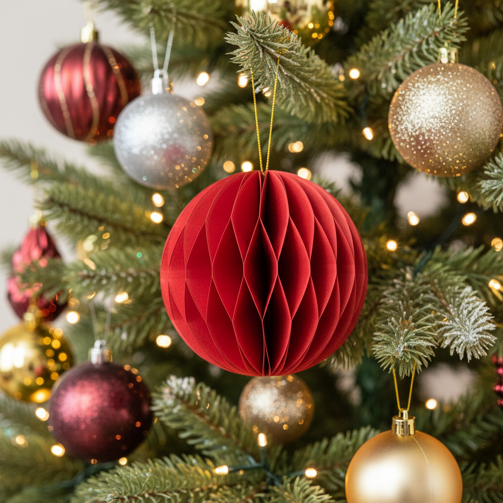 Red Anderson Paper 6” honeycomb sphere ornament.