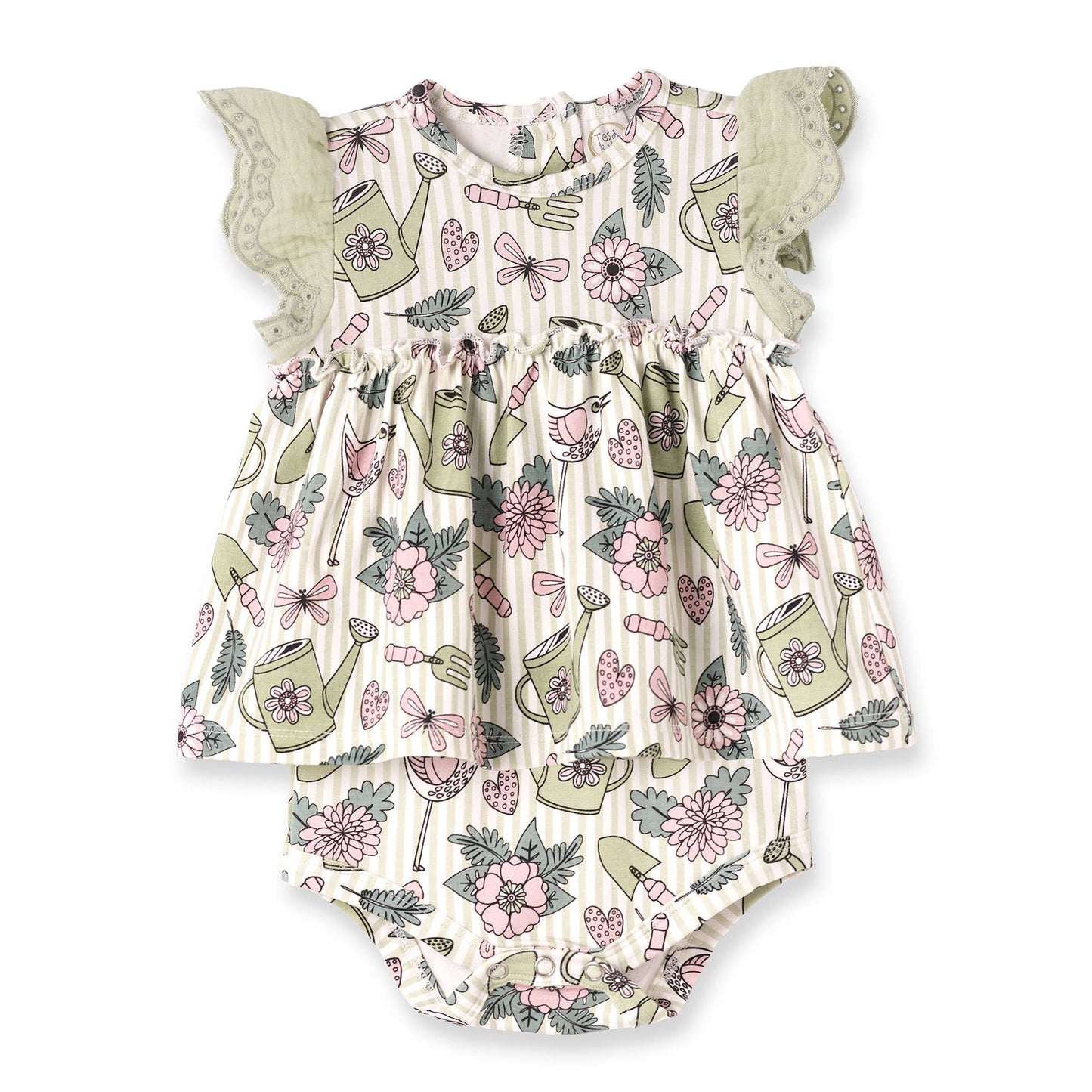 Soft bamboo cotton Garden Bloom Skirted Bodysuit, pastel floral print, flutter lace sleeves, gathered waist. Sizes NB-24M.