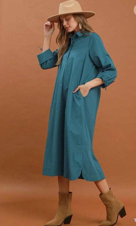 Teal collared button detail relaxed midi dress. Available in sizes XS-XL.