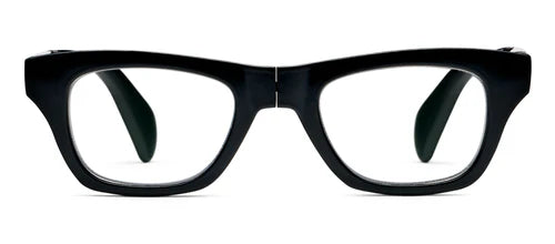Black, thick-rimmed blue light glasses with clear lenses. Available in multiple sizes.