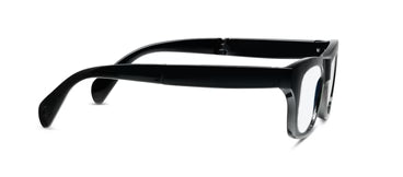 Rectangular black eyeglasses with thick frames and temples, designed for blue light protection. Available in multiple sizes.