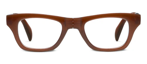 Peepers - Twofold eyeglasses have thick-rimmed brown rectangular frames with blue light filtering. Available in multiple sizes.