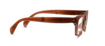 Peepers Twofold brown, rectangular folding reading glasses with clear lenses and hinge detail, offering UV400 protection. Sizes available: narrow, average.