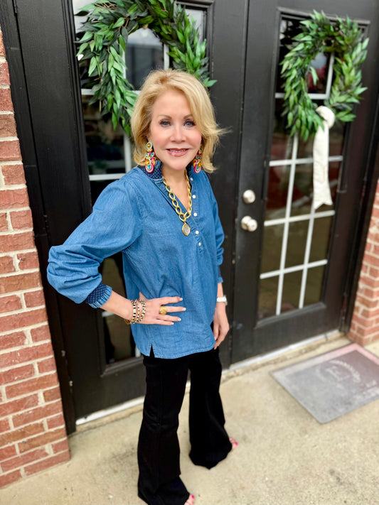 Kimberly Chambray Top with smocked neckline, available in sizes XS-XL.