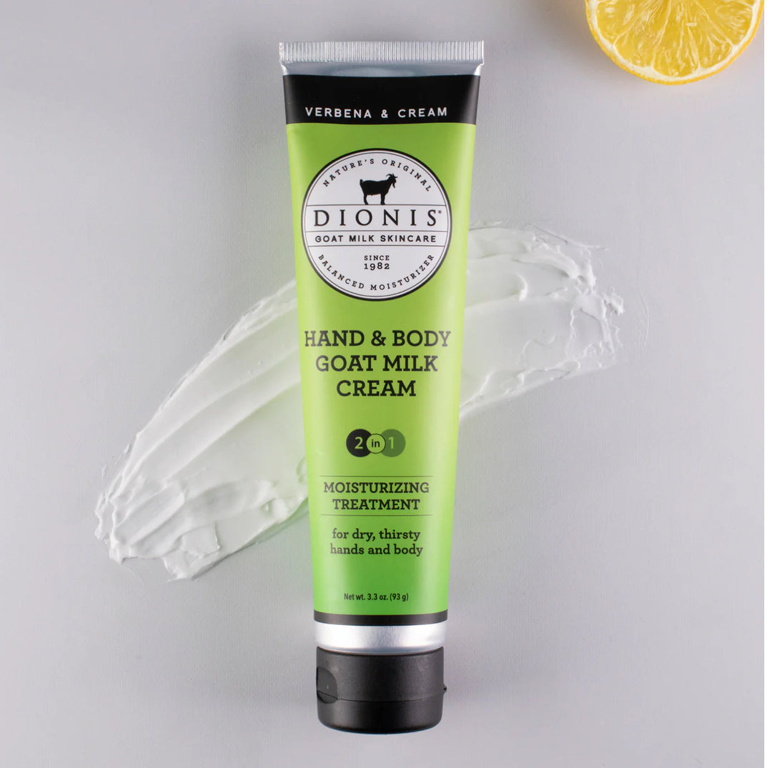 Goat Milk Hand Cream in Verbena &amp; Cream scent. Rich in vitamins and nutrients. Available sizes: 1 oz, 2 oz, and 3.4 oz.