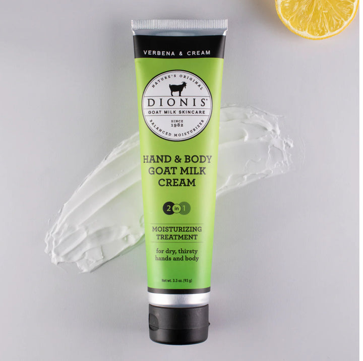 Goat Milk Hand Cream in Verbena &amp; Cream scent. Rich in vitamins and nutrients. Available sizes: 1 oz, 2 oz, and 3.4 oz.