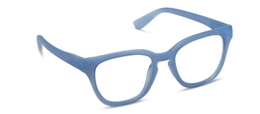 Peepers Progressives Nola Denim eyeglass frames with a matte denim blue finish, rectangular lenses, and slightly curved arms; compatible with blue light blocking and progressive lenses. Available in multiple sizes.