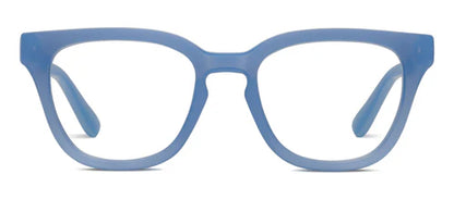 Peepers Progressives Nola Denim glasses with thick, square, translucent blue frames and optional blue light blocking lenses. Available in multiple sizes.