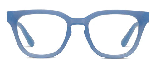 Peepers Progressives Nola Denim glasses with thick, square, translucent blue frames and optional blue light blocking lenses. Available in multiple sizes.