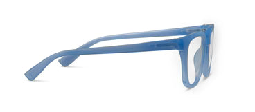 Peepers Progressives Nola Denim eyeglasses in translucent blue with thick rectangular frames and clear UV400 lenses. Available sizes: narrow, average, and wide.