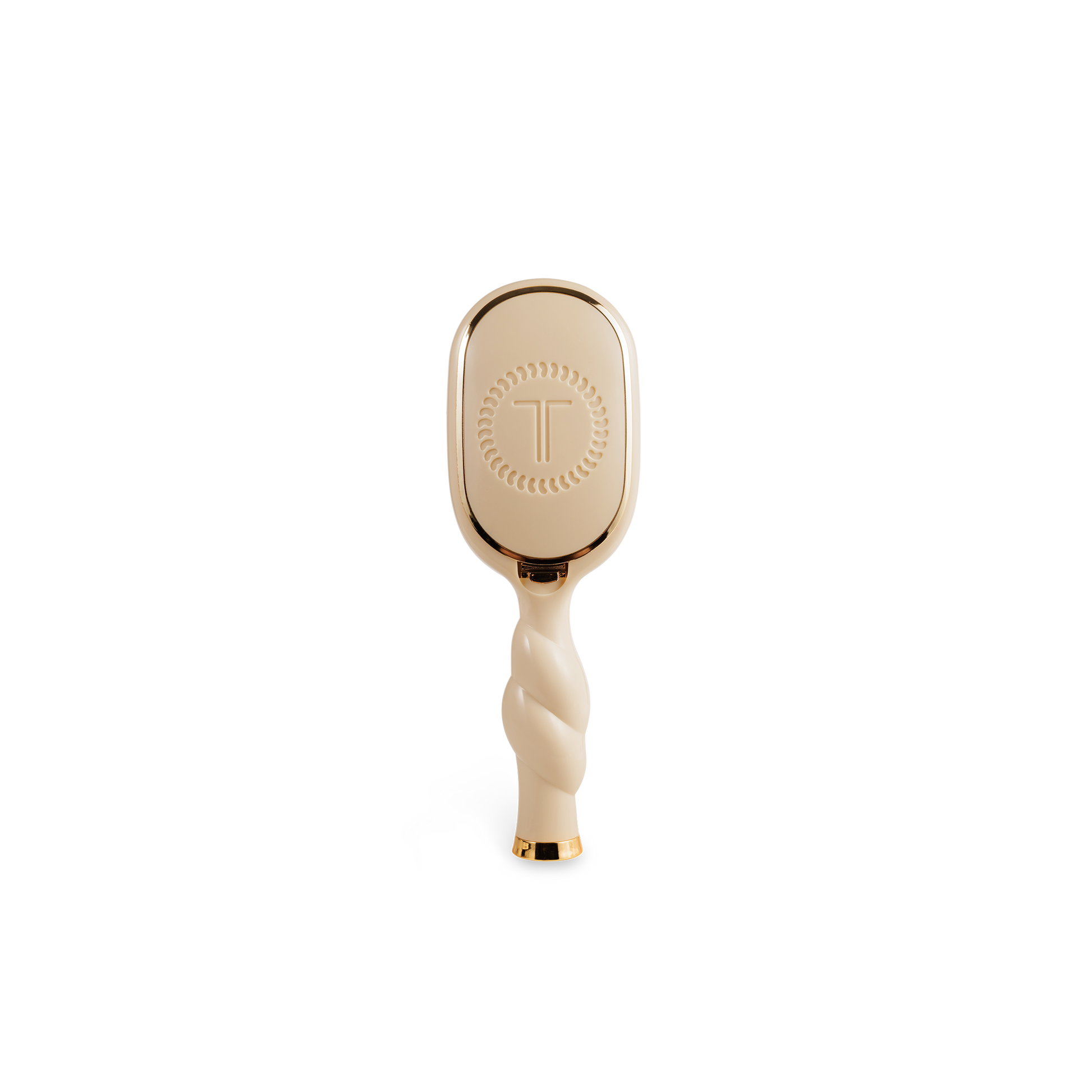 The Mini Boar Brush | Tan has a twisted handle, gold accents, and circular logo. Available in mini size.