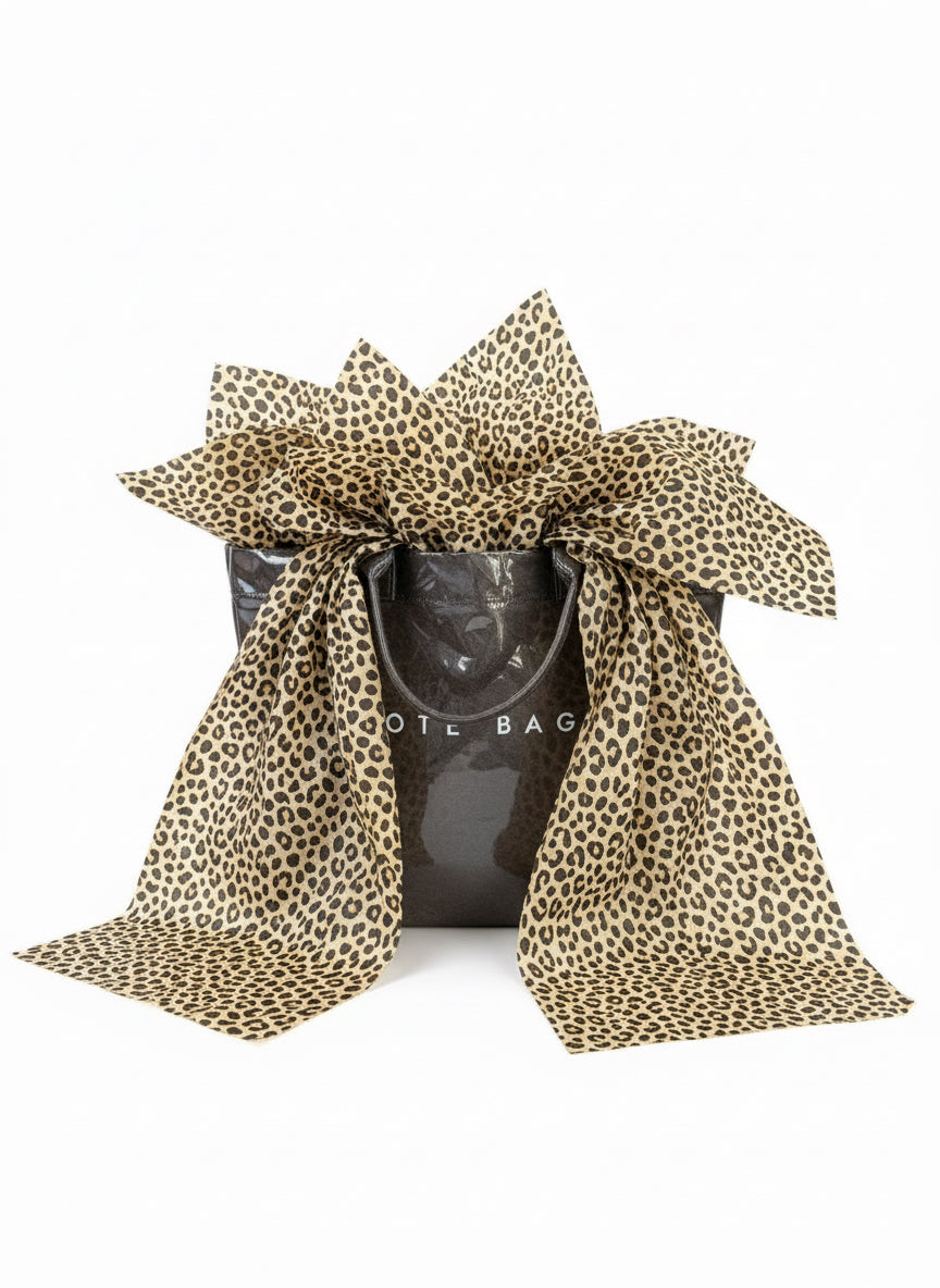 Vintage Tote Bag in classic black with leopard print bow and letter-print design. Available in small, medium, and large sizes.