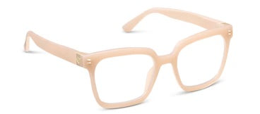 Peepers Montage: Thick square eyeglasses, translucent taupe frames in beige or light pink. Sizes available: small, medium, large.