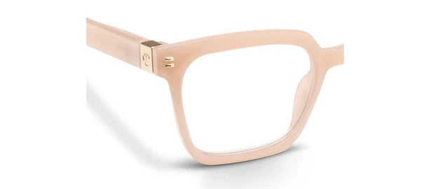 Taupe square Peepers Montage frames with gold hinge accents, clear lenses. Available in sizes: small, medium, large.
