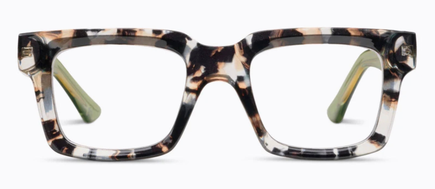 Chunky rectangular eyeglasses, Sand Quartz/Green frames, tortoiseshell temples, green inner arms. Sizes: Narrow, Medium.