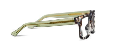 Chunky square eyeglasses in marbled gray, black, white pattern with green arms; available in multiple sizes.