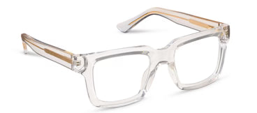 Peepers Progressives - Spotlight are clear, rectangular eyeglasses with chunky square frames and light beige arms, featuring UV400 protection. Available sizes: small, medium, large.