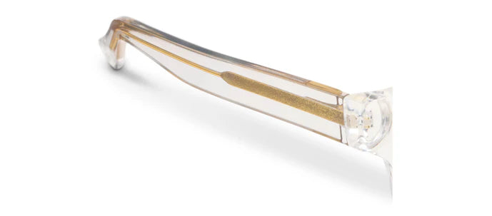 Transparent eyeglass temple arm with a gold-colored metal accent inside; available in multiple sizes.