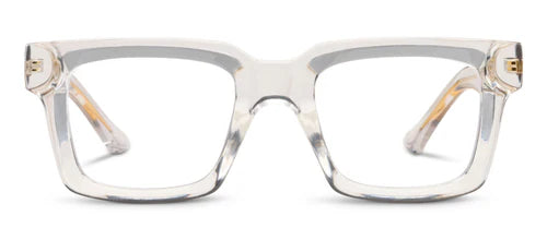 Clear rectangular Peepers Progressives Spotlight eyeglasses with chunky square frames and wide arms, UV400 protection, available in multiple sizes.