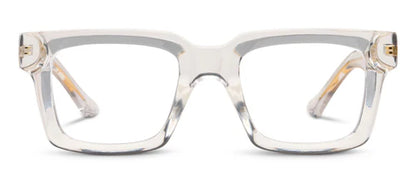 Clear rectangular Peepers Progressives Spotlight eyeglasses with chunky square frames and wide arms, UV400 protection, available in multiple sizes.