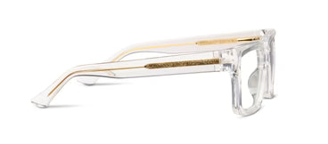 Chunky square clear frames with gold-detailed arms, UV400 protection; available in multiple sizes.