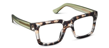 Peepers Progressives - Spotlight eyeglasses have a rectangular thick tortoiseshell frame in brown, black, and cream with green arms. Offer UV400 protection. Available in multiple sizes.