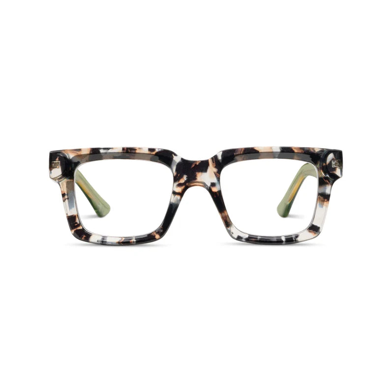 Rectangular square Peepers Progressives - Spotlight eyeglasses with multicolored tortoiseshell frames, translucent green temples, blue light filtering, and UV400 protection; available in multiple sizes.