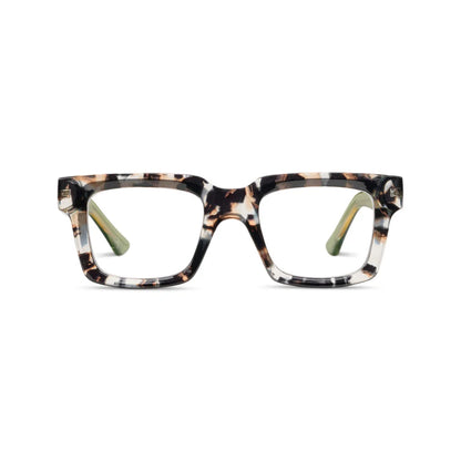 Rectangular square Peepers Progressives - Spotlight eyeglasses with multicolored tortoiseshell frames, translucent green temples, blue light filtering, and UV400 protection; available in multiple sizes.