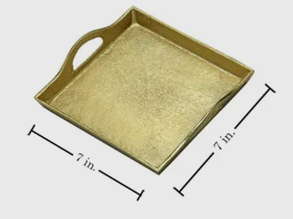 Textured gold square tray with raised edges, single side handle, 7" x 7" size.