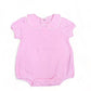 A pink baby bodysuit with bubble sleeves and a decorative scalloped collar, displayed on a White Collared Baby Bubble Sleeve Onesie | 3M background.