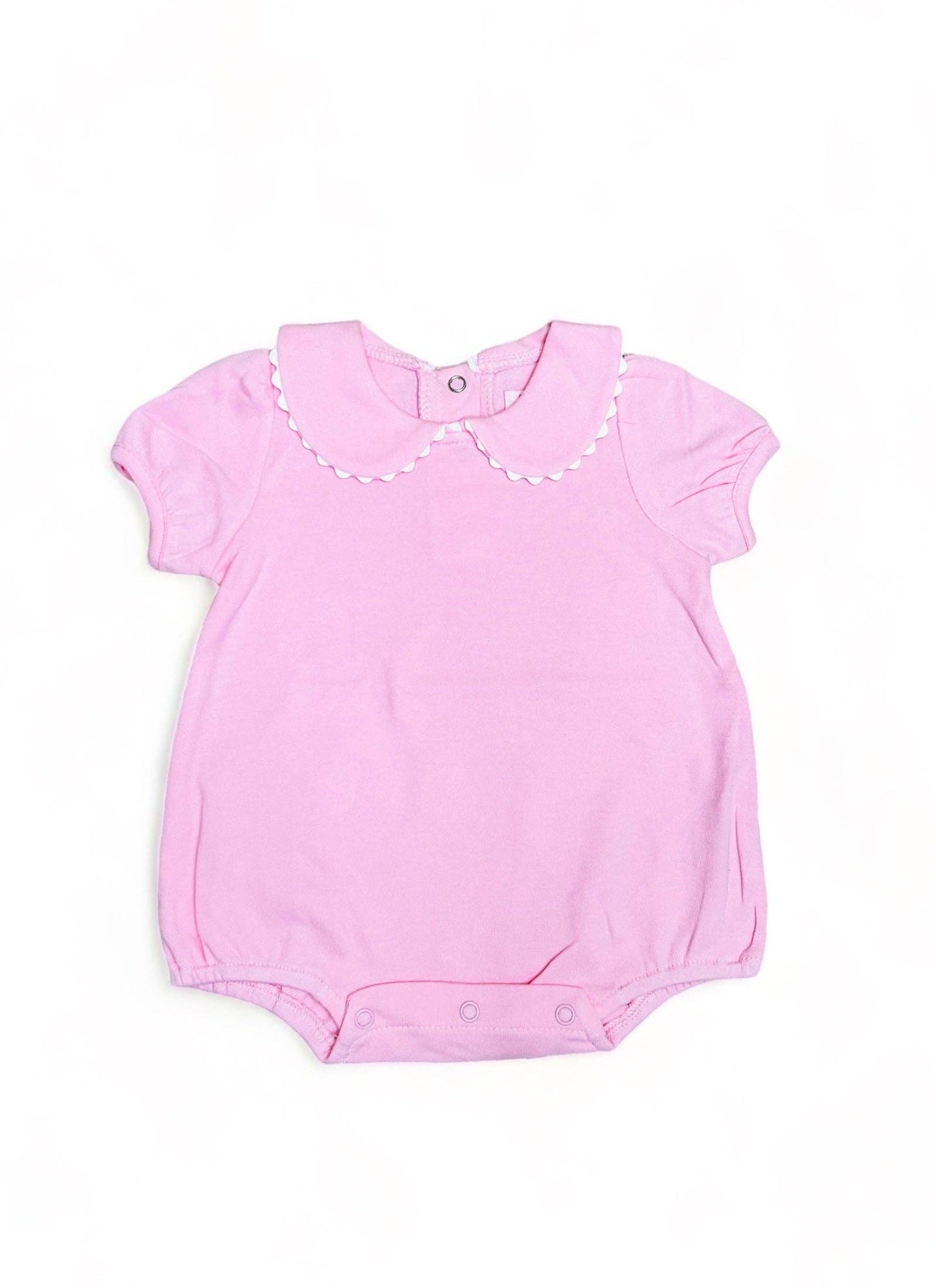 A pink baby bodysuit with bubble sleeves and a decorative scalloped collar, displayed on a White Collared Baby Bubble Sleeve Onesie | 3M background.