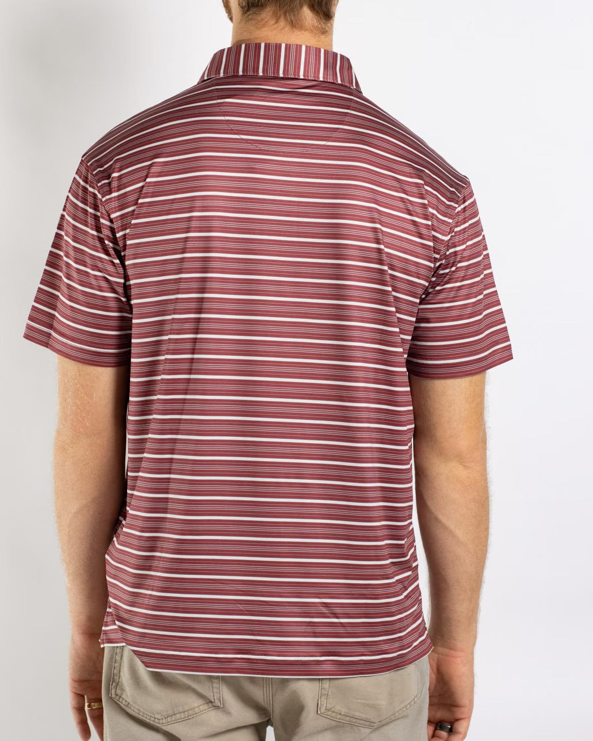 Men’s Maroon Sideline Striped Polo with short sleeves; available in sizes S–XXL.