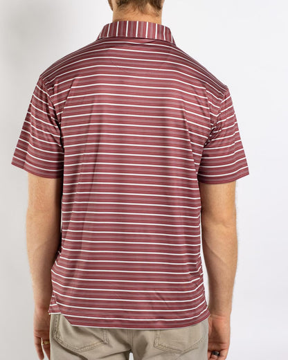 Men’s Maroon Sideline Striped Polo with short sleeves; available in sizes S–XXL.