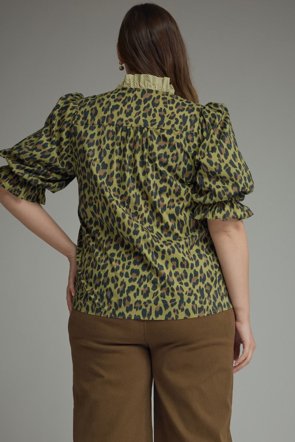 Olive Leopard Puff Sleeve Ruffle Top featuring a ruffle band collar; available in sizes XS-XL.