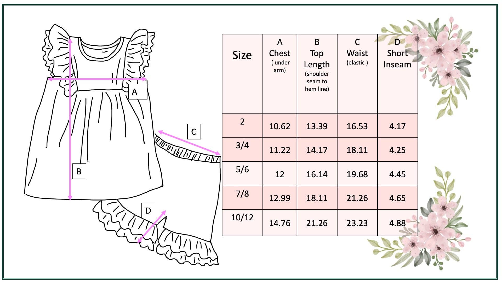 Girls Pastel Floral Ruffle Short Set with measurement lines, size chart for sizes 3/4–10/12 showing chest, top, waist, inseam.