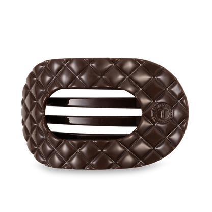 Dark chocolate bar shaped like TELETIES Flat Round Hair Clip; quilted purse design, two center openings, circular emblem. Sizes: S, M, L.