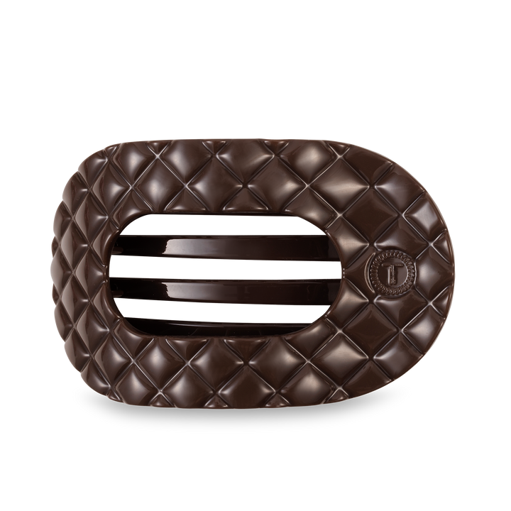 Dark chocolate bar shaped like TELETIES Flat Round Hair Clip; quilted purse design, two center openings, circular emblem. Sizes: S, M, L.