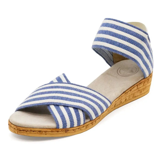 Peachtree Navy & White Stripe Wedge Sandals: blue/white X-straps, cork wedge, beige footbed, heel cup. Sizes 6-10.