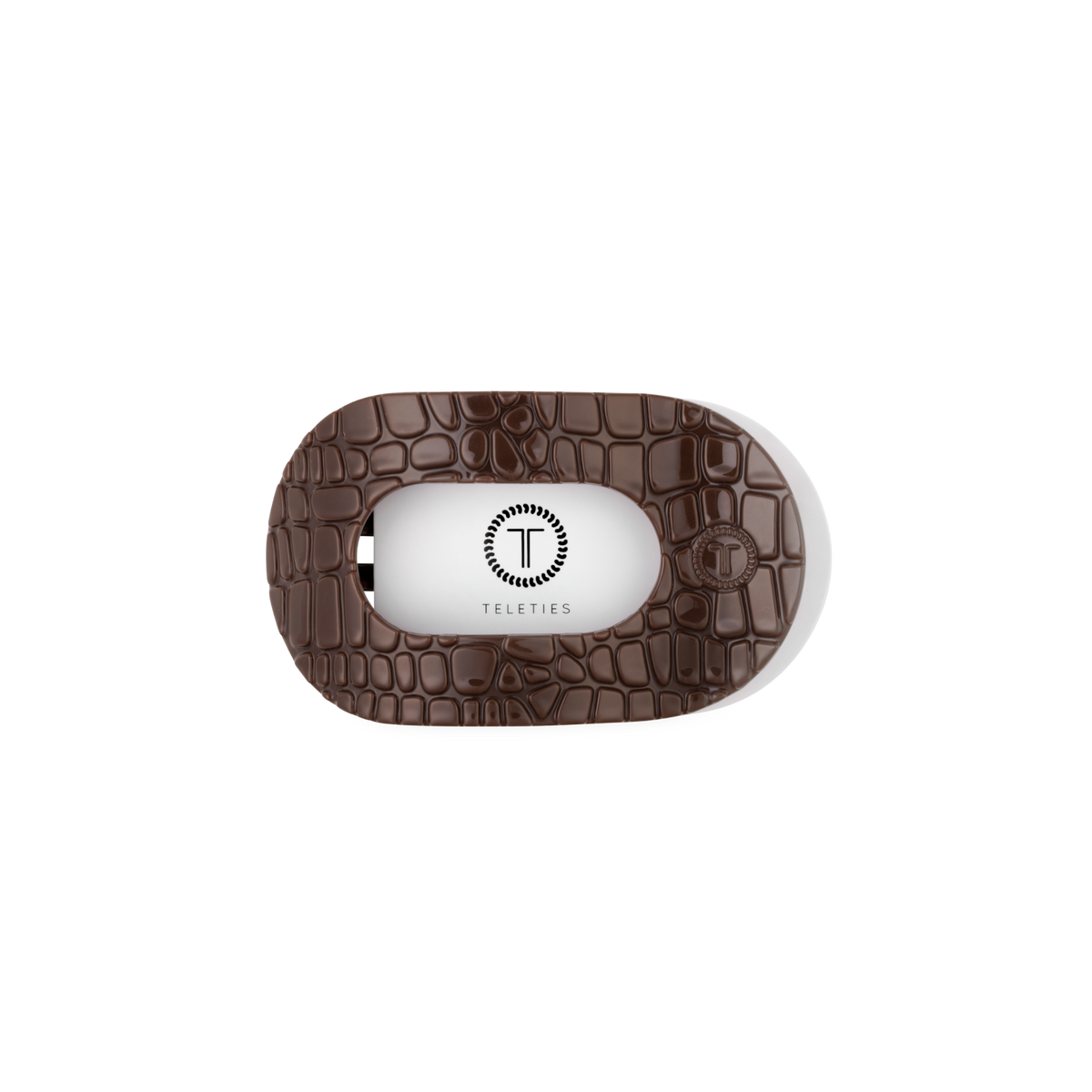 Brown Crocodile Small Flat Round Hair Clip with textured oval design, crocodile pattern, and central white Teleties logo; available in small size.