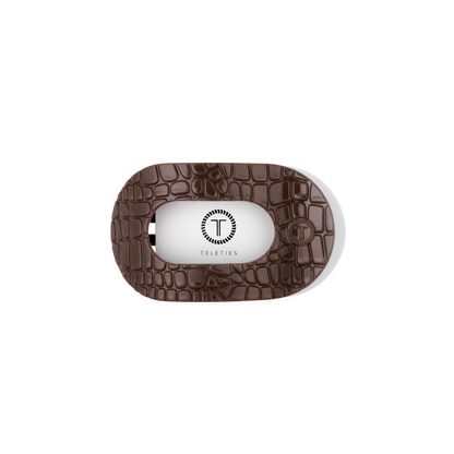 Brown Crocodile Small Flat Round Hair Clip with textured oval design, crocodile pattern, and central white Teleties logo; available in small size.